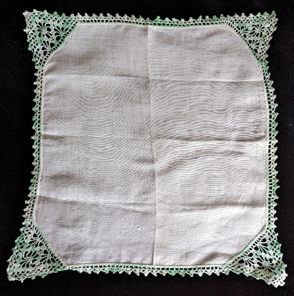 Vintage White Handkerchief with Green and White Crocheted Border